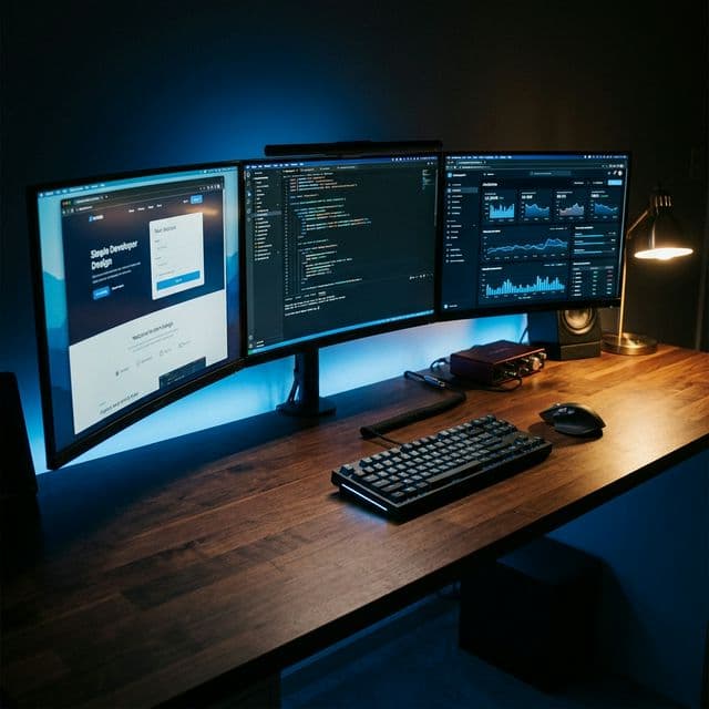 Premium development workstation with multiple monitors