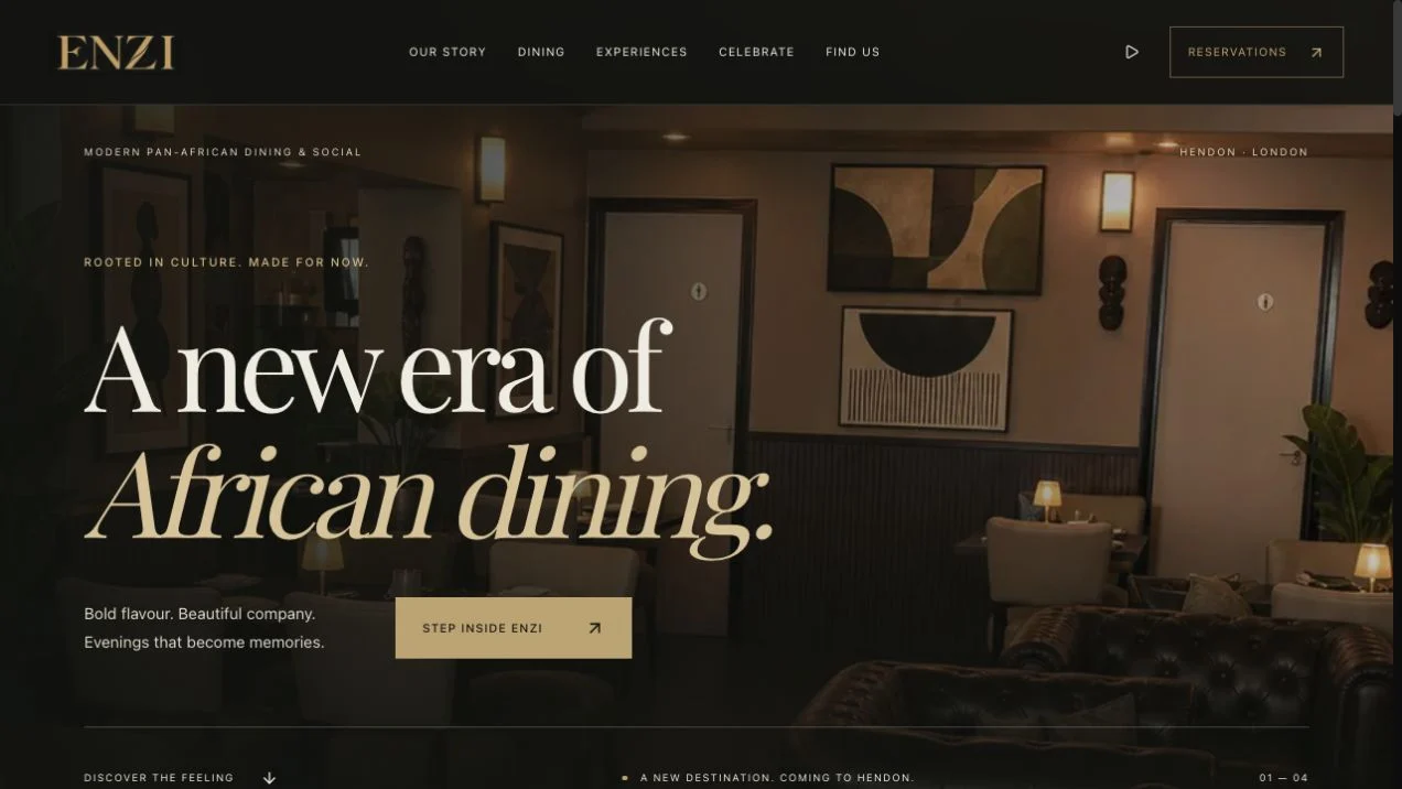 ENZI’s website preview, captured 16 September 2026. The hero shows a dining-room design concept for the forthcoming venue.