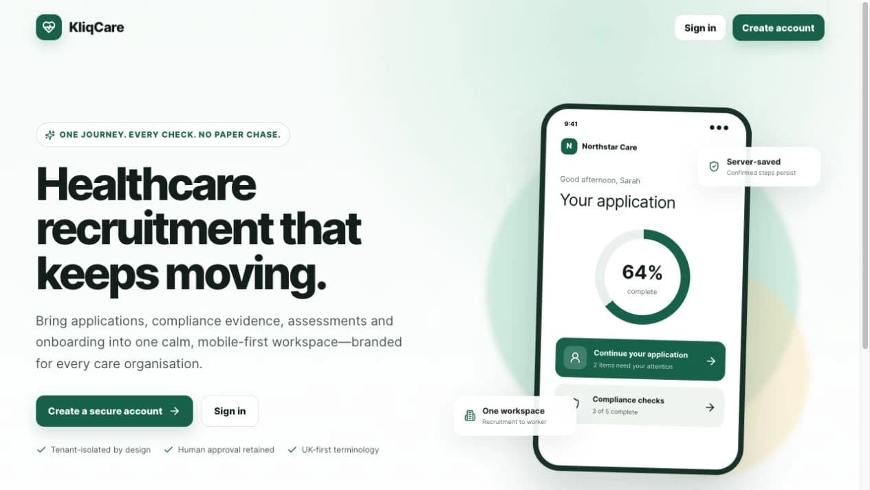 KliqCare’s controlled-beta website, with an illustrative applicant progress preview.