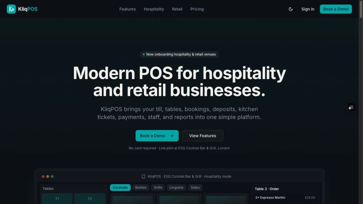 KliqPOS public website overview, captured September 2026.