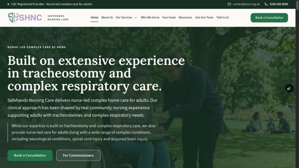 Safehands Nursing Care public homepage, captured September 2026.