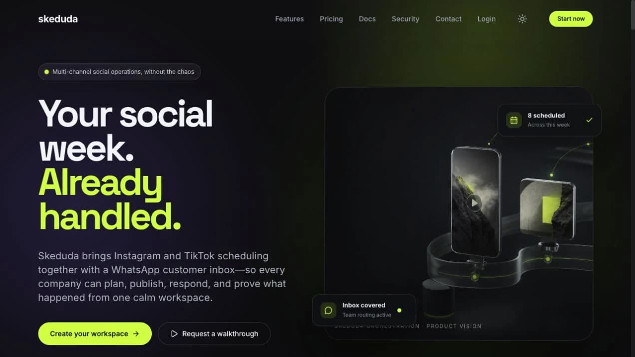 Skeduda’s public website. Its hero uses a product-vision illustration; the image is not a capture of a customer account.
