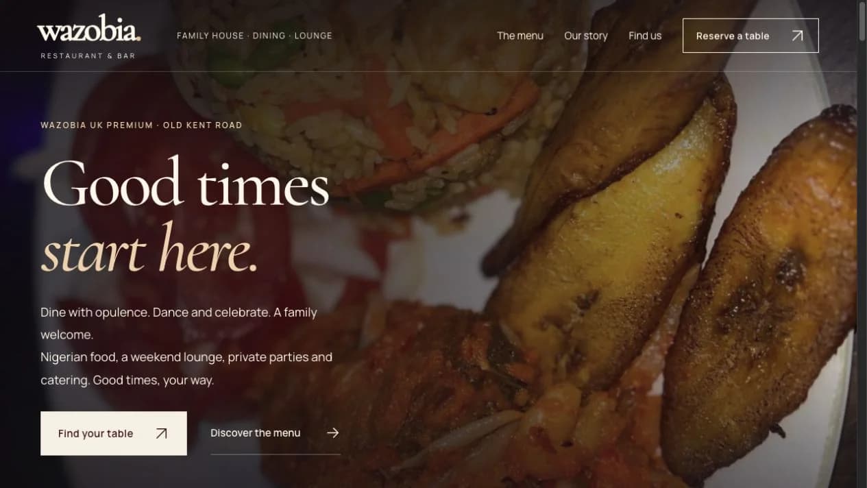 The current Wazobia Old Kent Road homepage, captured 16 September 2026, with its new wordmark and full-screen food photography.